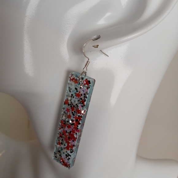 Starry Silver and Red Dangle Earrings - Picture 2 of 8